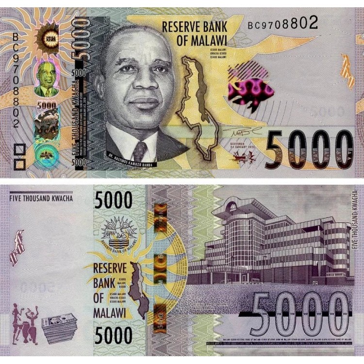 Malavi 5000 Kwacha 2023 P#71c ÇİL/UNC kağıt para