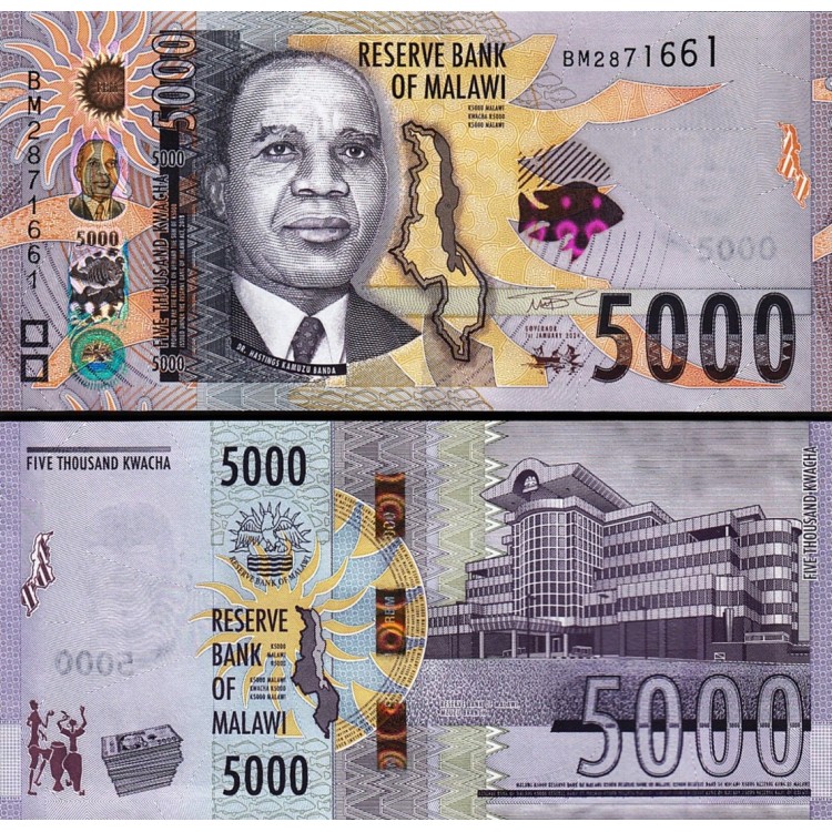Malavi 5000 Kwacha 2024 P#71d ÇİL/UNC kağıt para