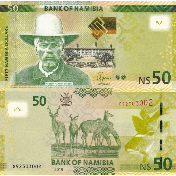 Namibia 50 Dollar 2019 P#13c ÇİL/UNC Kağıt Para ön ve arka yüz