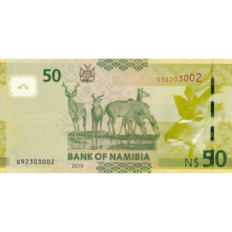 Namibia 50 Dollar 2019 P#13c ÇİL/UNC Kağıt Para ön ve arka yüz