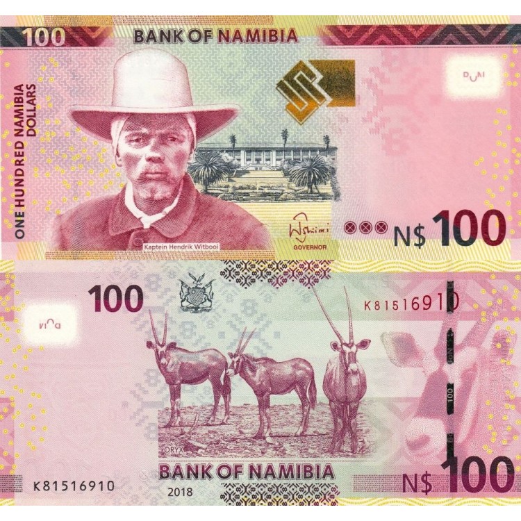 Namibia 100 Dollar 2018 P#14b ÇİL/UNC Kağıt Para ön ve arka yüz banknot görseli