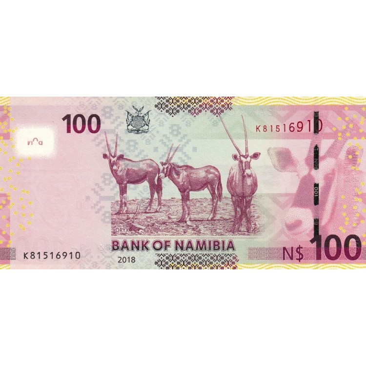 Namibia 100 Dollar 2018 P#14b ÇİL/UNC Kağıt Para ön ve arka yüz banknot görseli
