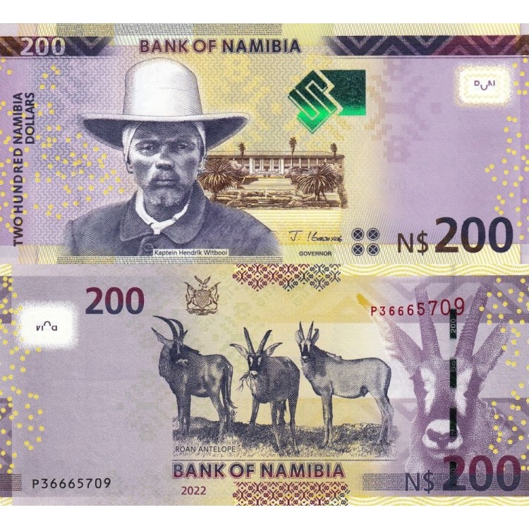 Namibia 200 Dollar 2022 P#15d ÇİL/UNC Kağıt Para ön ve arka yüz banknot görseli