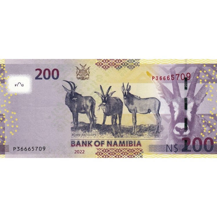 Namibia 200 Dollar 2022 P#15d ÇİL/UNC Kağıt Para ön ve arka yüz banknot görseli