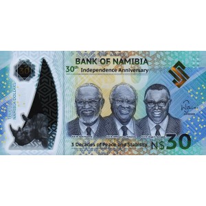 NAMİBİA 30 DOLAR 2020 POLYMER, BAĞIMSIZLIĞIN 30. YIL DÖNÜMÜ HATIRASI, P#18, ÇİL, ESKİ YABANCI KAĞIT PARA