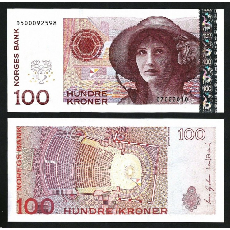 Norveç 100 Kron 2010 P#49e ÇİL/UNC banknot Norveç 100 Kron 2010 P#49e ÇİL UNC kağıt para