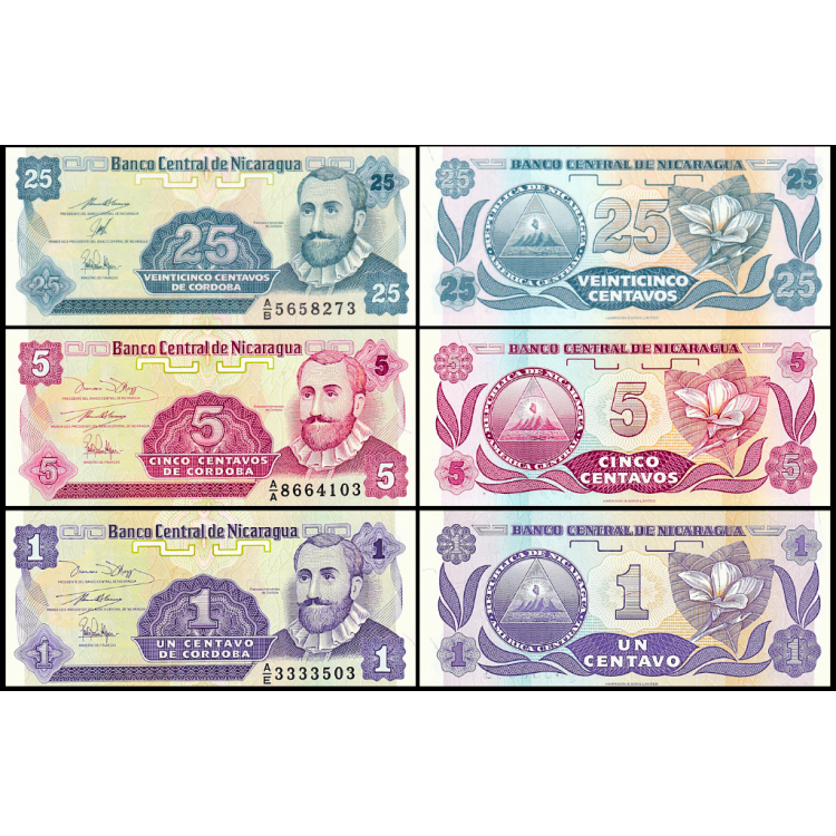 NİKARAGUA 1-5-25 CENTAVOS 1991, 3 Lü Set Çil, Eski Yabancı Kağıt Para