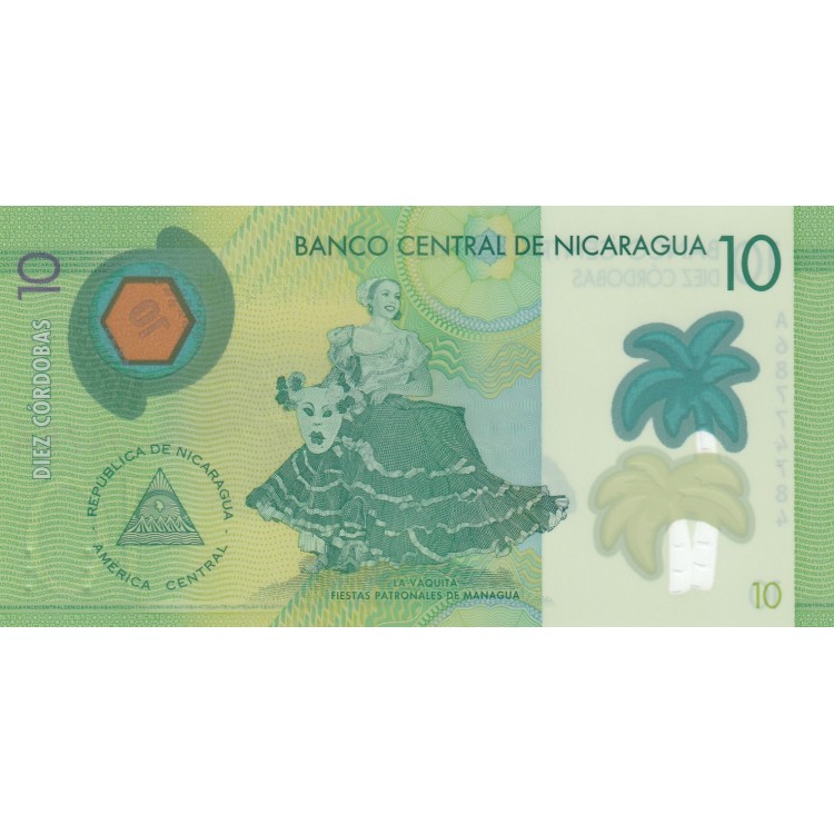 NİKARAGUA 10 CORDOBAS 2019 POLYMER, P#209b, ÇİL, ESKİ YABANCI KAĞIT PARA