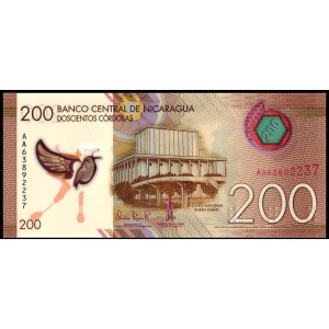 NİKARAGUA 200 CORDOBAS 2014 POLYMER, P#213a, ÇİL, ESKİ YABANCI KAĞIT PARA