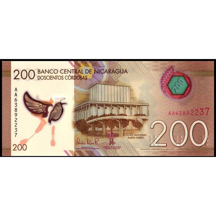 NİKARAGUA 200 CORDOBAS 2014 POLYMER, P#213a, ÇİL, ESKİ YABANCI KAĞIT PARA