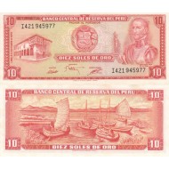 PERU 10 SOLES DE ORO 1975, P#106, ÇİL, ESKİ YABANCI KAĞIT PARA