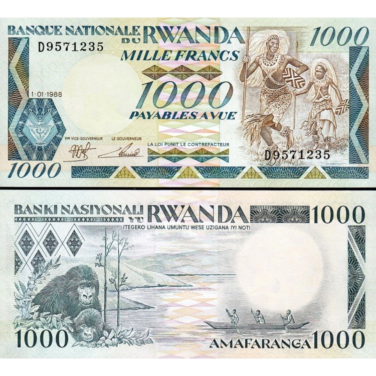 Rwanda 1000 Franc (Amafaranga) 1988 P#21a banknot Rwanda 1000 Franc 1988 P#21a banknot ön ve arka yüz