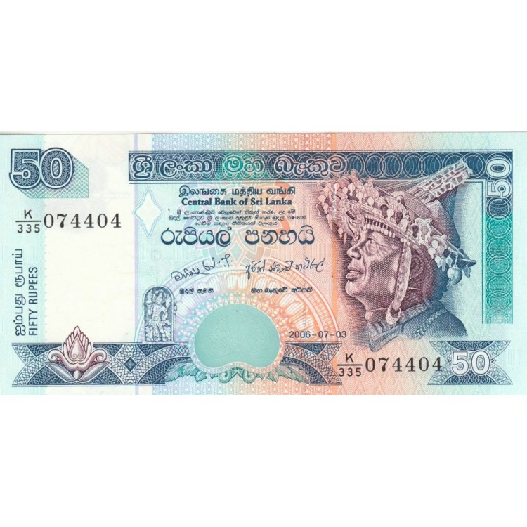 Sri Lanka 50 Rupi 2006 P#110f ÇİL/UNC Kağıt Para ön ve arka yüz