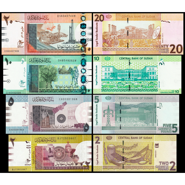 SUDAN 2-5-10-20 POUND 2017, 4 LÜ SET, ÇİL, ESKİ YABANCI KAĞIT PARA