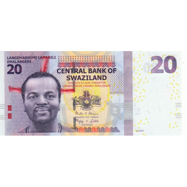 Swaziland 2017 P#37c banknot Swaziland 20 Emalangeni 2017 P#37c ÇİL/UNC Kağıt Para ön ve arka yüz