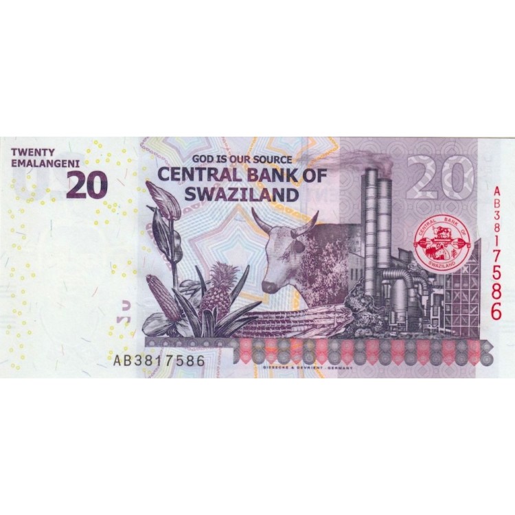 Swaziland 2017 P#37c banknot Swaziland 20 Emalangeni 2017 P#37c ÇİL/UNC Kağıt Para ön ve arka yüz