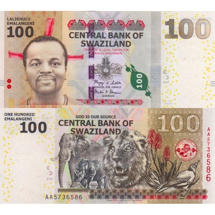 Swaziland 100 Emalangeni 2010 P#39 ÇİL/UNC Kağıt Para ön ve arka yüz