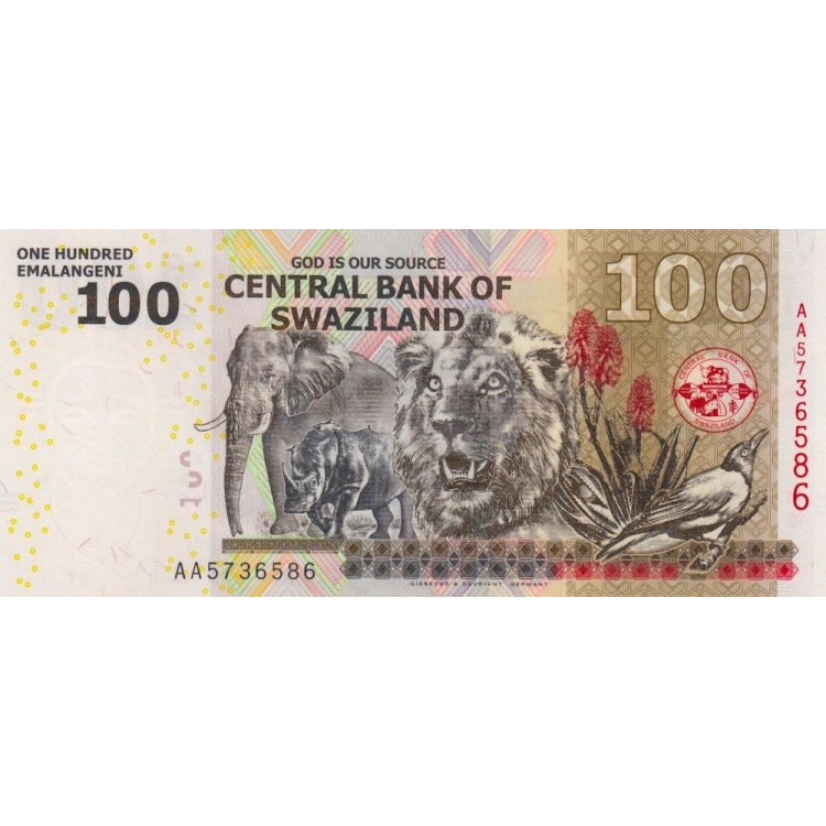 Swaziland 100 Emalangeni 2010 P#39 ÇİL/UNC Kağıt Para ön ve arka yüz