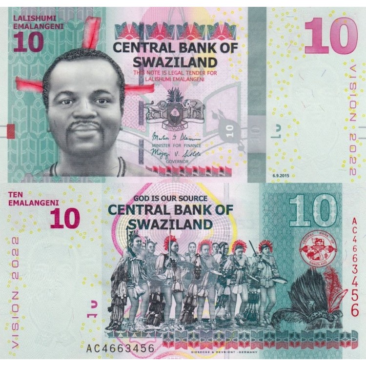 Swaziland 10 Emalangeni 2015 P#41 ÇİL/UNC Kağıt Para ön ve arka yüz