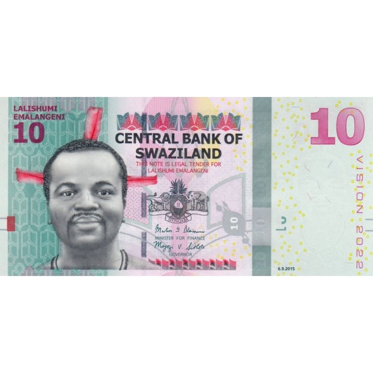 Swaziland 10 Emalangeni 2015 P#41 ÇİL/UNC Kağıt Para ön ve arka yüz