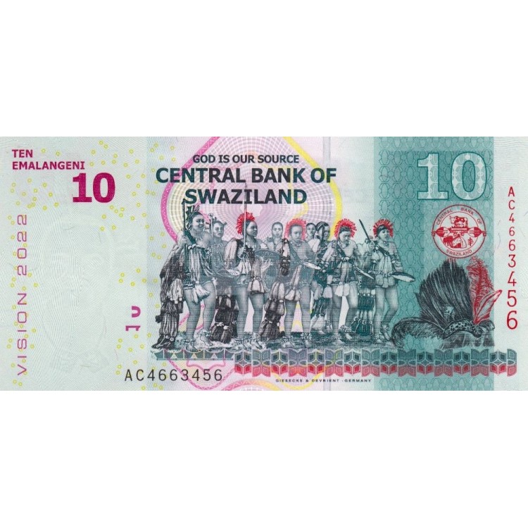Swaziland 10 Emalangeni 2015 P#41 ÇİL/UNC Kağıt Para ön ve arka yüz