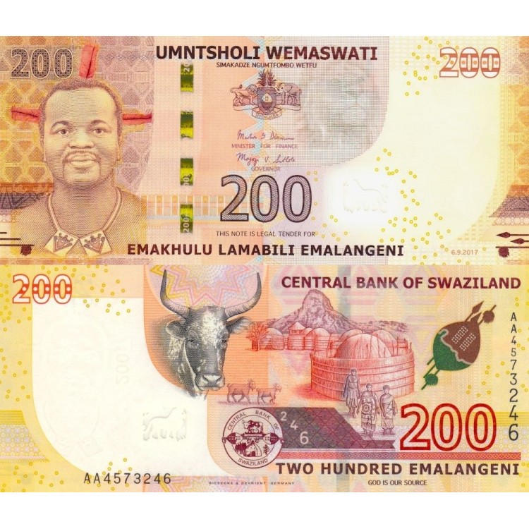 Swaziland 200 Emalangeni 2017 P#43 ÇİL/UNC Kağıt Para ön ve arka yüz banknot görseli