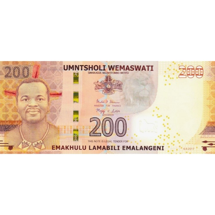 Swaziland 200 Emalangeni 2017 P#43 ÇİL/UNC Kağıt Para ön ve arka yüz banknot görseli