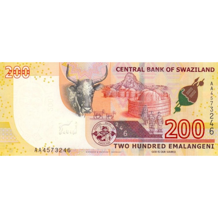 Swaziland 200 Emalangeni 2017 P#43 ÇİL/UNC Kağıt Para ön ve arka yüz banknot görseli