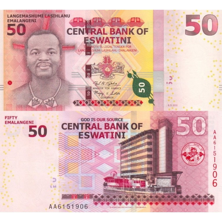 Swaziland 2018 P#44 banknot Swaziland 50 Emalangeni 2018 P#44 ÇİL/UNC Kağıt Para ön ve arka yüz