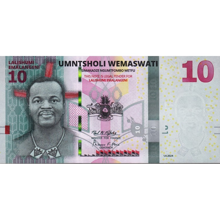 SWAZİLAND (ESWATINI) 10 EMALANGENİ 2024, P#A44, ÇİL, ESKİ YABANCI KAĞIT PARA