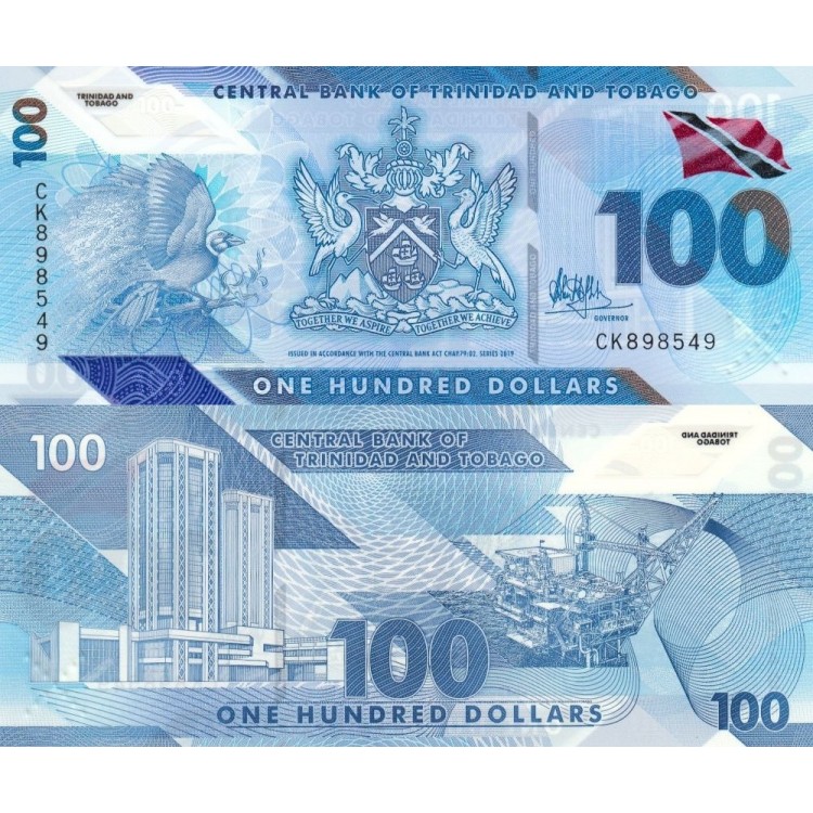 Trinidad And Tobago 100 Dollar 2019 P#65 ÇİL/UNC Polimer Kağıt Para ön ve arka yüz banknot görseli