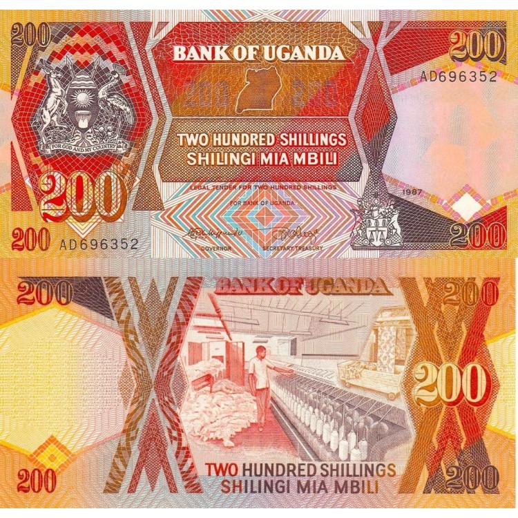 Uganda 200 Shillings 1987 P#32a ÇİL UNC kağıt para