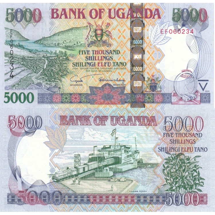 Uganda 5.000 Shillings 2005 P#44b ÇİL UNC kağıt banknot