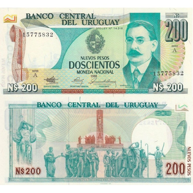 Uruguay 200 Nuevos Pesos 1986 P#66 ÇİL UNC kağıt para