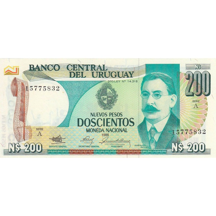 Uruguay 200 Nuevos Pesos 1986 P#66 ÇİL UNC kağıt para