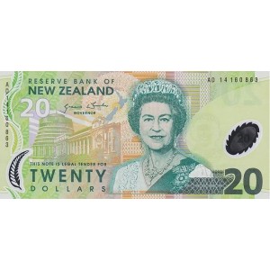 YENİ ZELANDA 20 DOLAR POLYMER 2014, P#187c, ÇİL, ESKİ YABANCI KAĞIT PARA