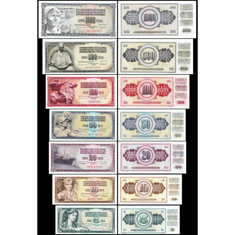YUGOSLAVYA 5-10-20-50-100-500-1000 DİNAR 1965-1981, 7 Lİ SET, ÇİL, Eski Yabancı Kağıt Para