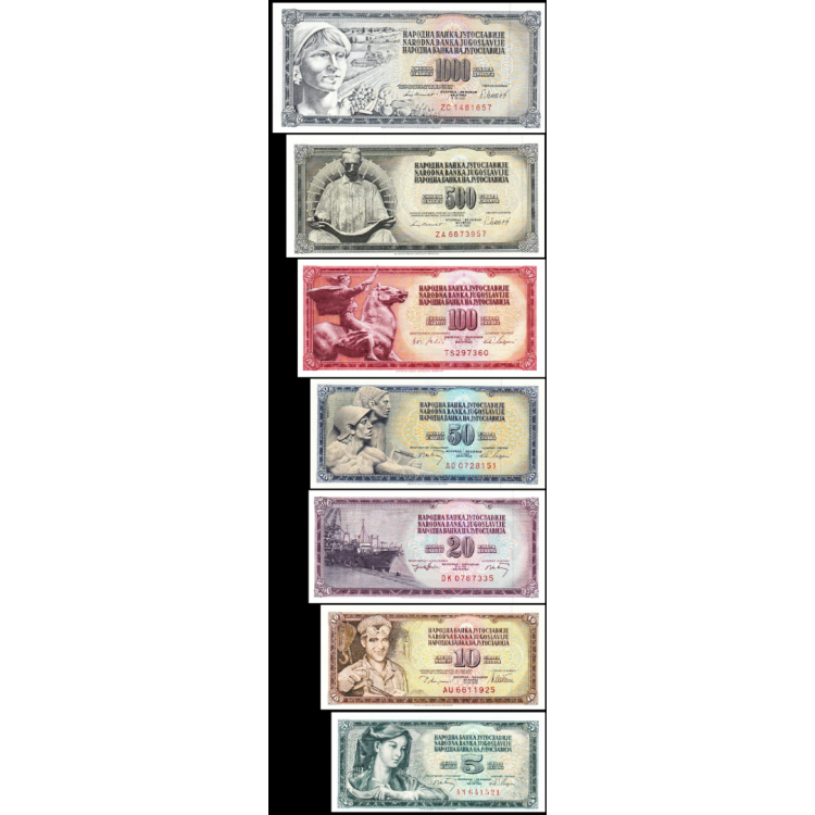 YUGOSLAVYA 5-10-20-50-100-500-1000 DİNAR 1965-1981, 7 Lİ SET, ÇİL, Eski Yabancı Kağıt Para