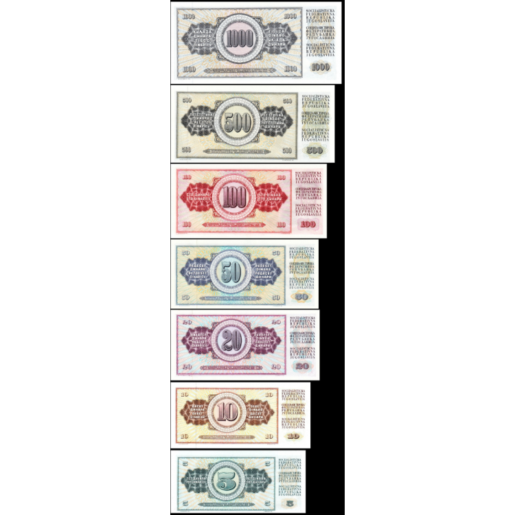 YUGOSLAVYA 5-10-20-50-100-500-1000 DİNAR 1965-1981, 7 Lİ SET, ÇİL, Eski Yabancı Kağıt Para