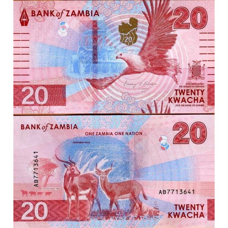 ZAMBİA 20 KWACHA 2024 HYBRİD, P#63, ÇİL, ESKİ YABANCI KAĞIT PARA