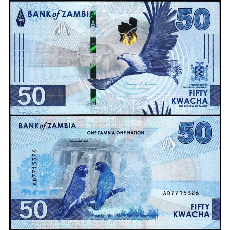 ZAMBİA 50 KWACHA 2024 HYBRİD, P#64, ÇİL, ESKİ YABANCI KAĞIT PARA