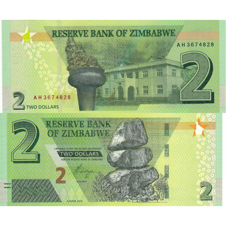 Zimbabve 2 Dollars 2019 P#101 ÇİL/UNC Zimbabve 2 Dollars 2019 P#101 ÇİL UNC kağıt para