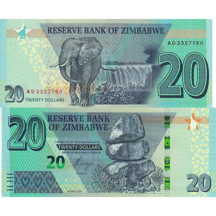 Zimbabve 20 Dollars 2020 P#104 ÇİL UNC kağıt para