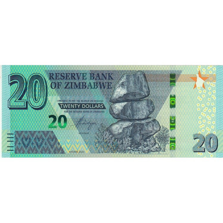 Zimbabve 20 Dollars 2020 P#104 ÇİL UNC kağıt para