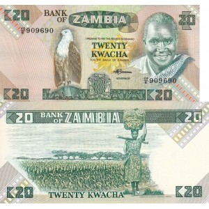 Zambia 20 Kwacha 1988 P#27e ÇİL/UNC Kağıt Para