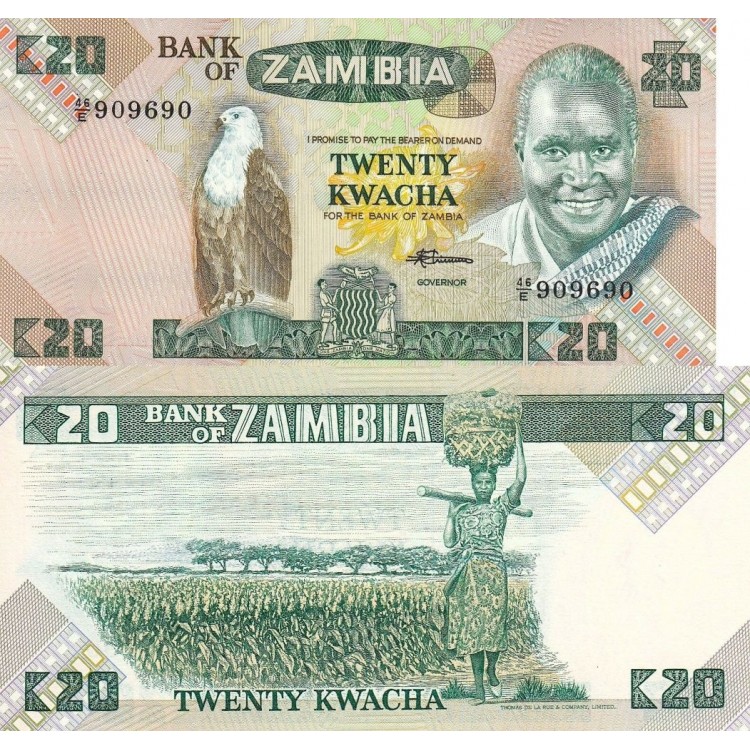 Zambiya 20 Kwacha 1988 P#27e ÇİL UNC kağıt para