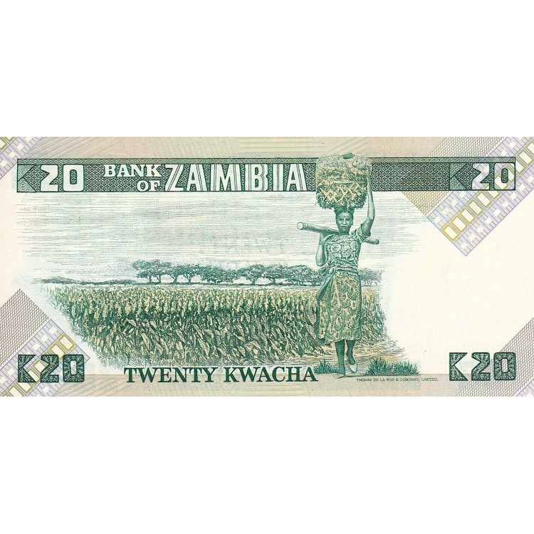Zambiya 20 Kwacha 1988 P#27e ÇİL UNC kağıt para