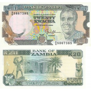 Zambia 20 Kwacha 1991 P#32b ÇİL/UNC Kağıt Para