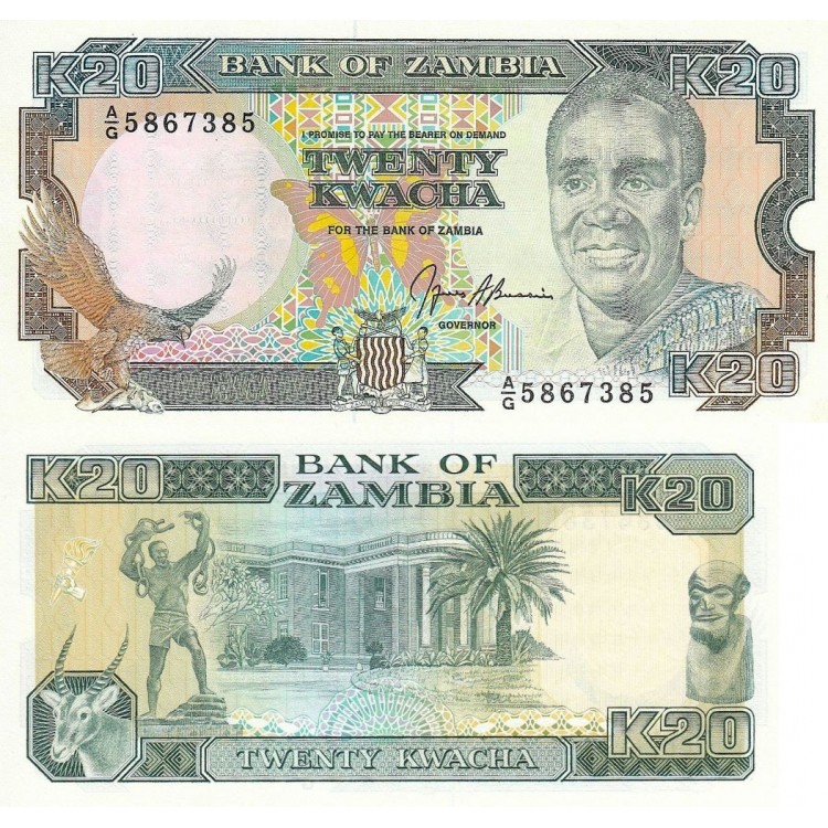 Zambiya 20 Kwacha 1991 P#32b ÇİL UNC kağıt para