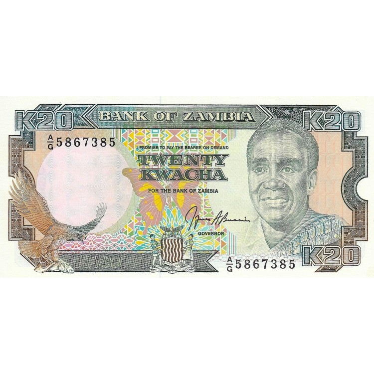Zambiya 20 Kwacha 1991 P#32b ÇİL UNC kağıt para